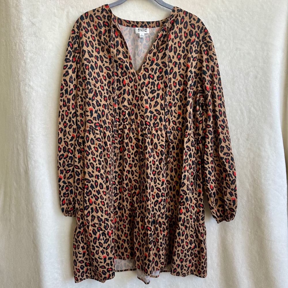 The Drop Grace Atwood Tan Brown‎ Leopard Tiered Smock Midi Dress Large L
